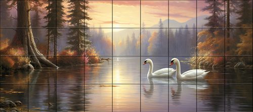 two swans swimming on a lily-covered pond – romantic nature ceramic tile mural